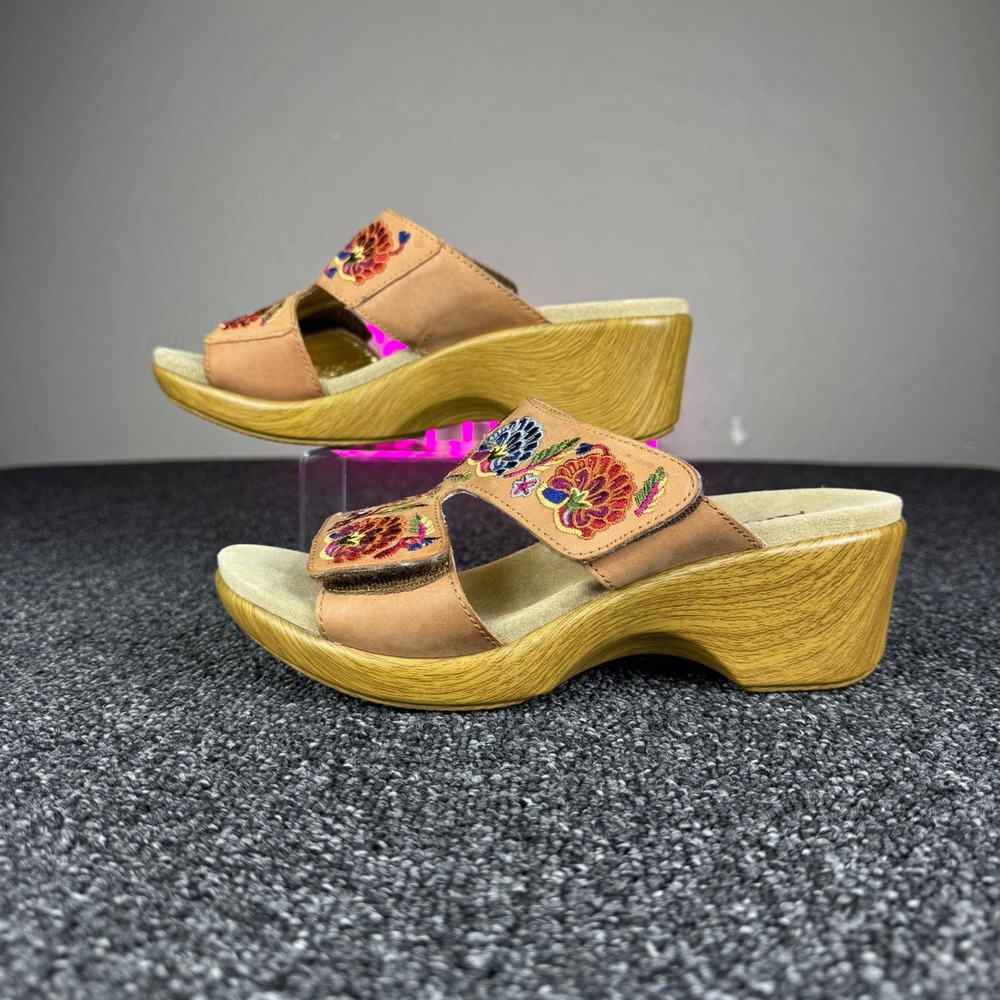 Alegria LIN-647N Embroidered Leather Wedge Slide Sandals Womens 38 Tan